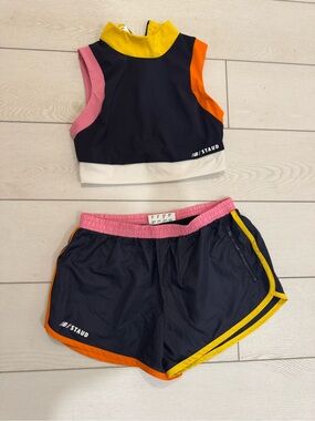 Staud x New Balance Colorblock Athletic Set Sports Bra and Short- Navy M